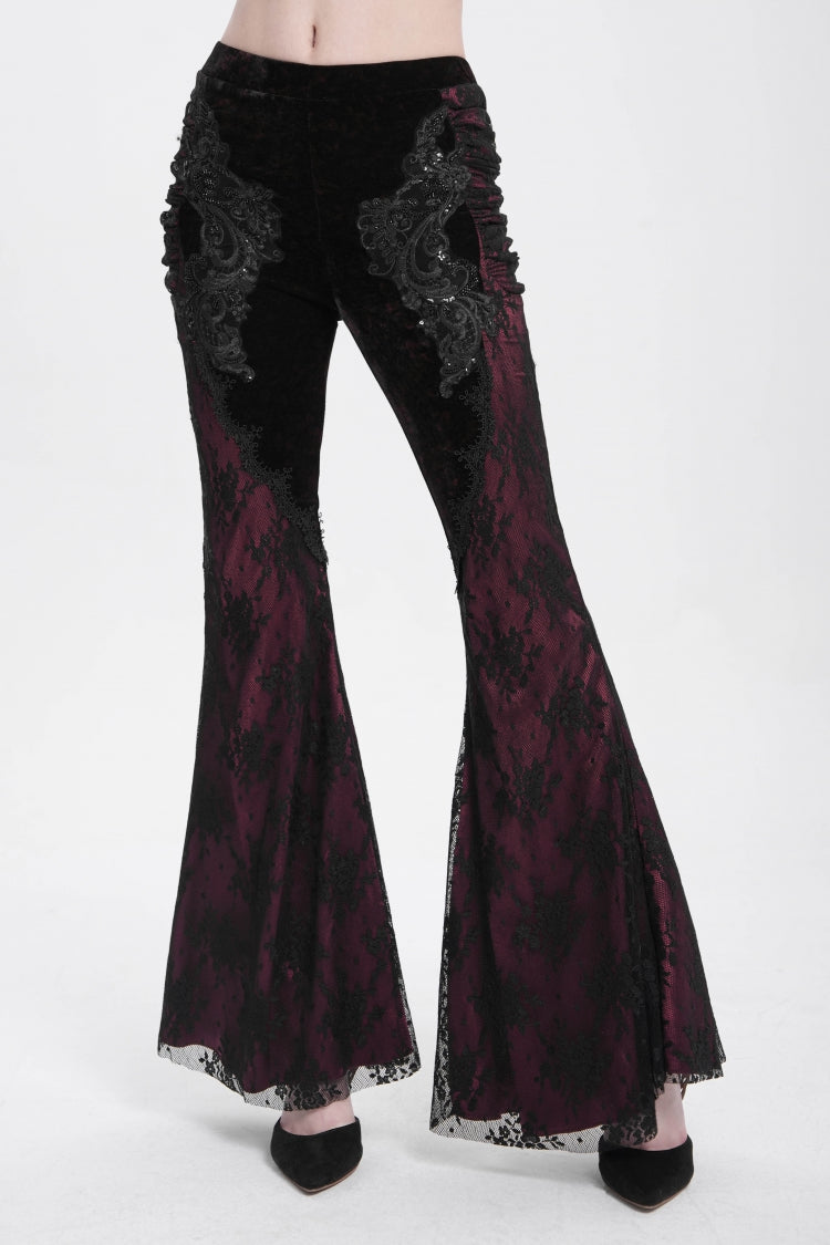 Red Floral Embroidery Stitching Lace Women's Gothic Pants - Product - 4