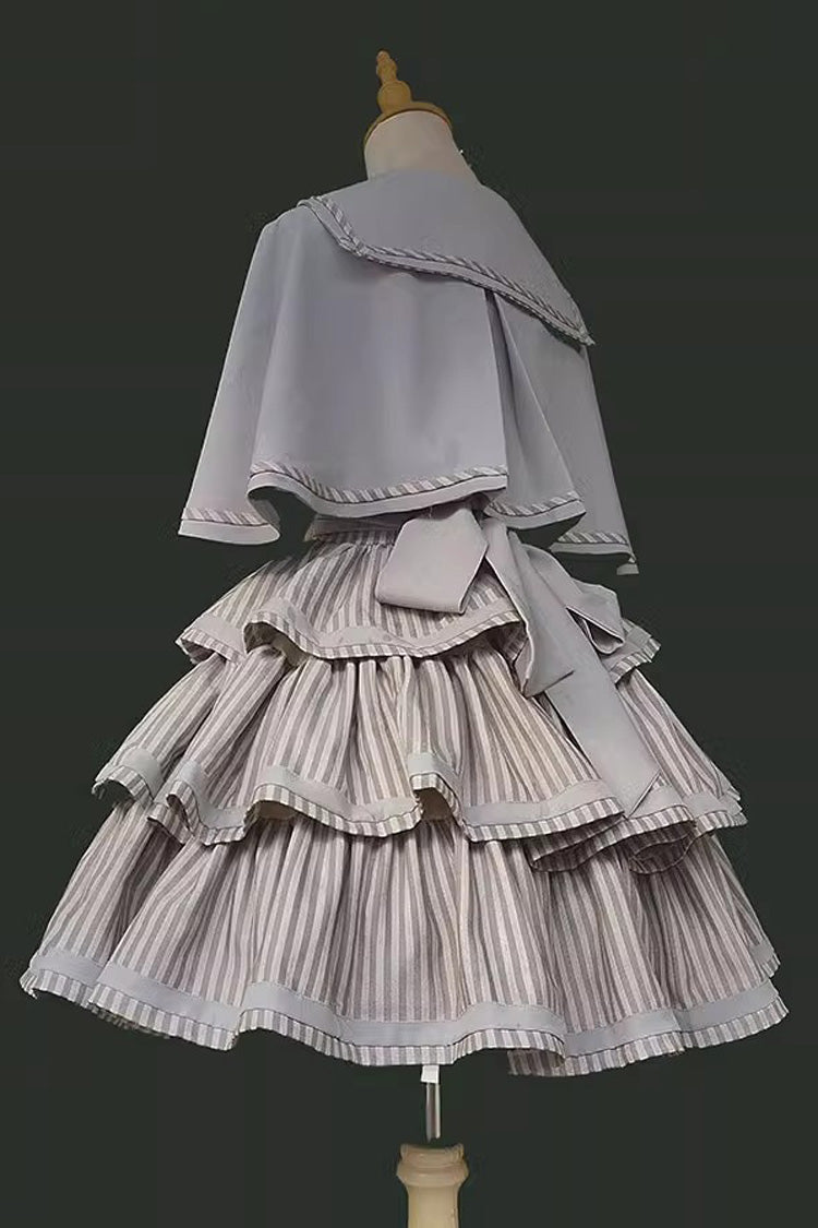 [From the Other Side] Sleeveless Triple-Layered Vertical Stripes Print Print Ruffle Bowknot Sweet College Style Lolita Jsk Dress - Product - 9