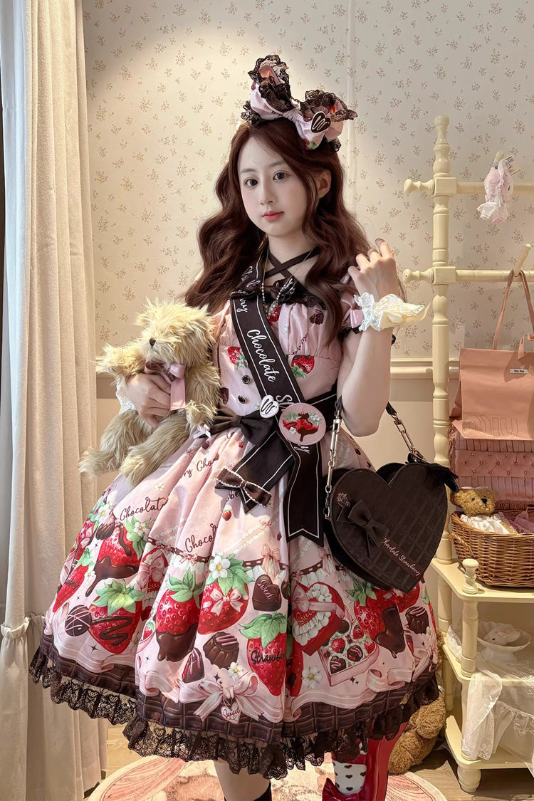 Pink [Strawberry Chocolate Lover] Square Collar Short Sleeves Printed Ruffled Bow Lace Sweet Lolita Dress - Product - 2