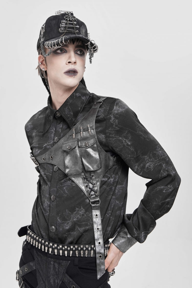 Black Long Sleeves Print Stitching Asymmetric Bullet Men's Punk Blouse - Product - 4