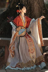 [Cloud-Clad Fairy] Long Sleeves Printed Ruffled Embroidered Classic Chinese Style Hanfu Dress Set 2 Colors - Product - 5