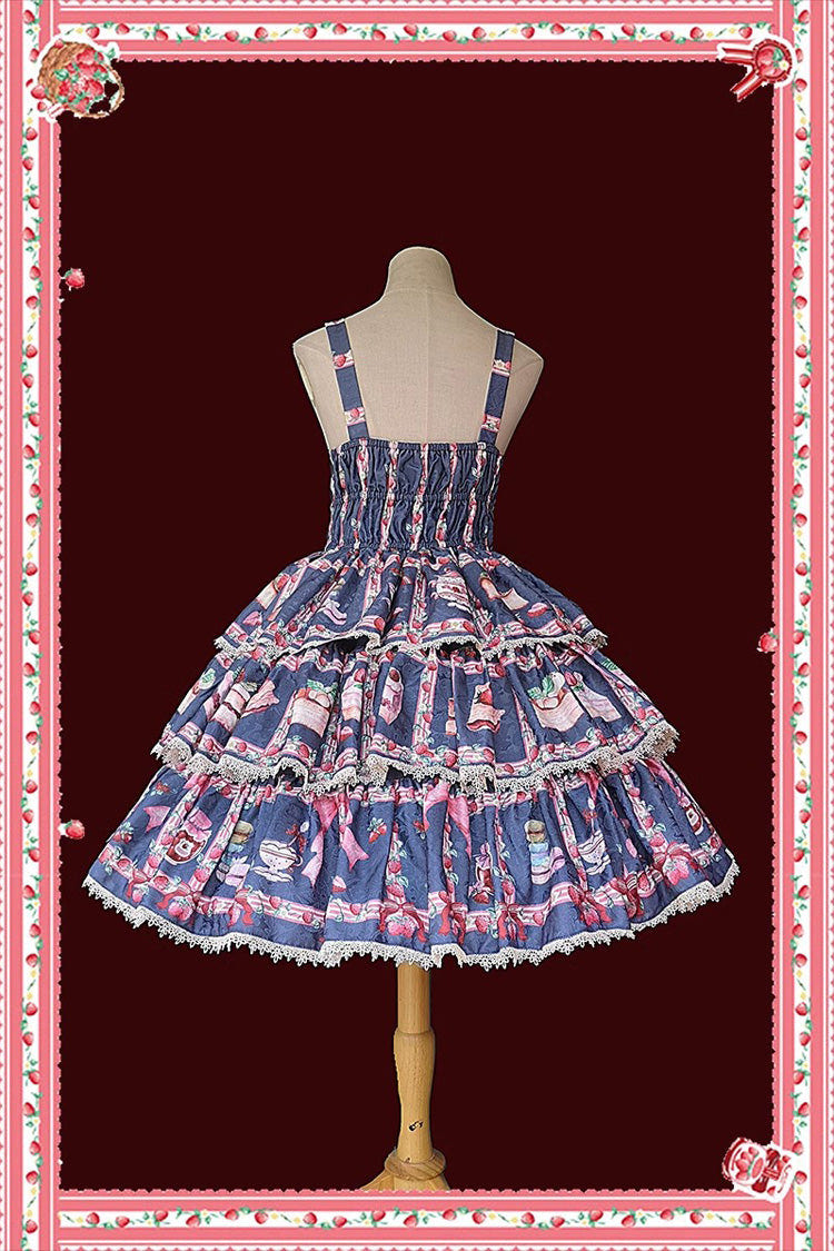 Strawberry Afternoon Tea Cake Ice Cream Print Bowknot Sleeveless Sweet Lolita Tiered Dress 3 Colors - Product - 10