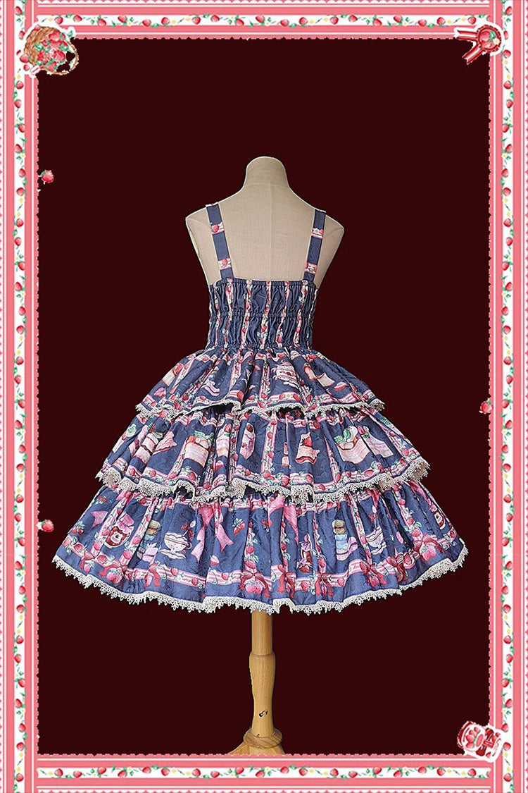 Strawberry Afternoon Tea Cake Ice Cream Print Bowknot Sleeveless Sweet Lolita Tiered Dress 3 Colors - Product - 10