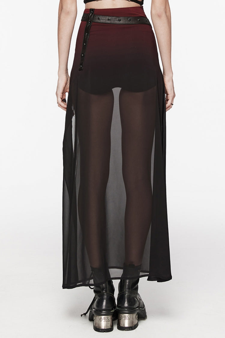 Black/Red Rivet Split Women's Gothic Skirt with Belt - Product - 3
