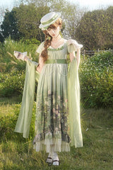 Green [Blooming Roses] Print Oil Painting Chiffon Short Sleeves Ruffle Bowknot Sweet Lolita Dress - Green - 1