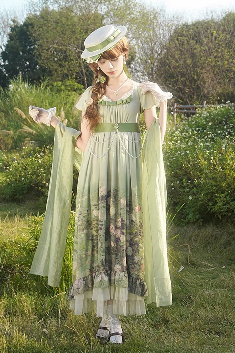 Green [Blooming Roses] Print Oil Painting Chiffon Short Sleeves Ruffle Bowknot Sweet Lolita Dress - Green - 1