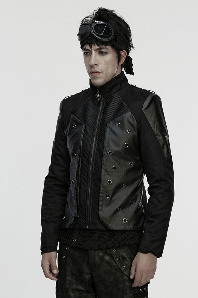 Black Stand Collar Long Sleeves Stitching Zipper Eyelet Men's Punk Jacket - Product - 2