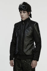 Black Stand Collar Long Sleeves Stitching Zipper Eyelet Men's Punk Jacket - Product - 2