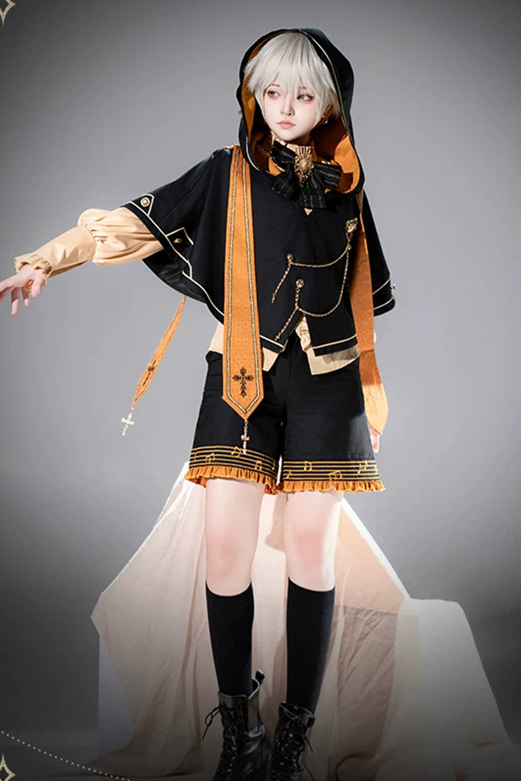 Black/Orange [The Choir Of The Church] Stand Collar Long Sleeves Bow Chain-Decorated Ouji Gothic Prince Lolita Pumpkin Shorts Set - Product - 4