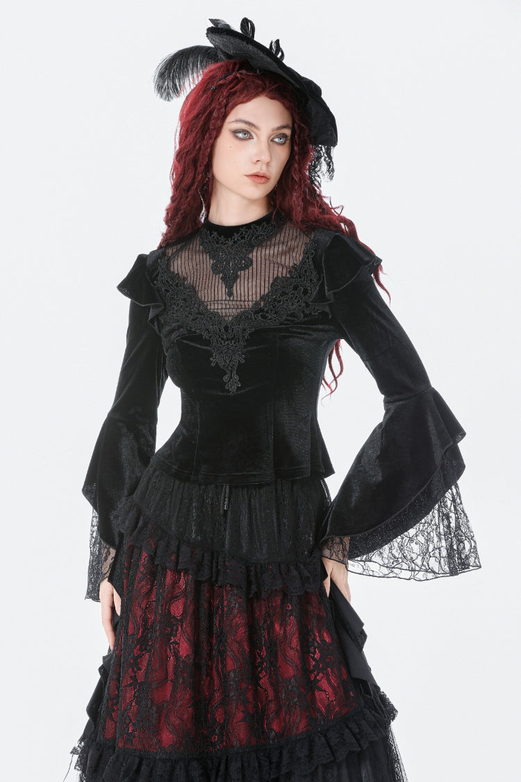 Black Multi-Layered Long Flare Sleeves Embroidered Sheer Mesh Splice Velvet Women's Gothic Top - Black - 1