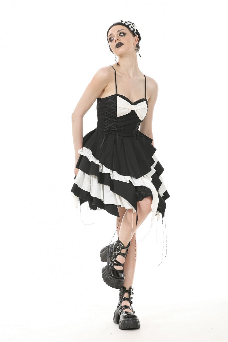 Black/White Sleeveless Multi-Layered Ruffled Bowknot Women's Gothic Slip Dress - Product - 2