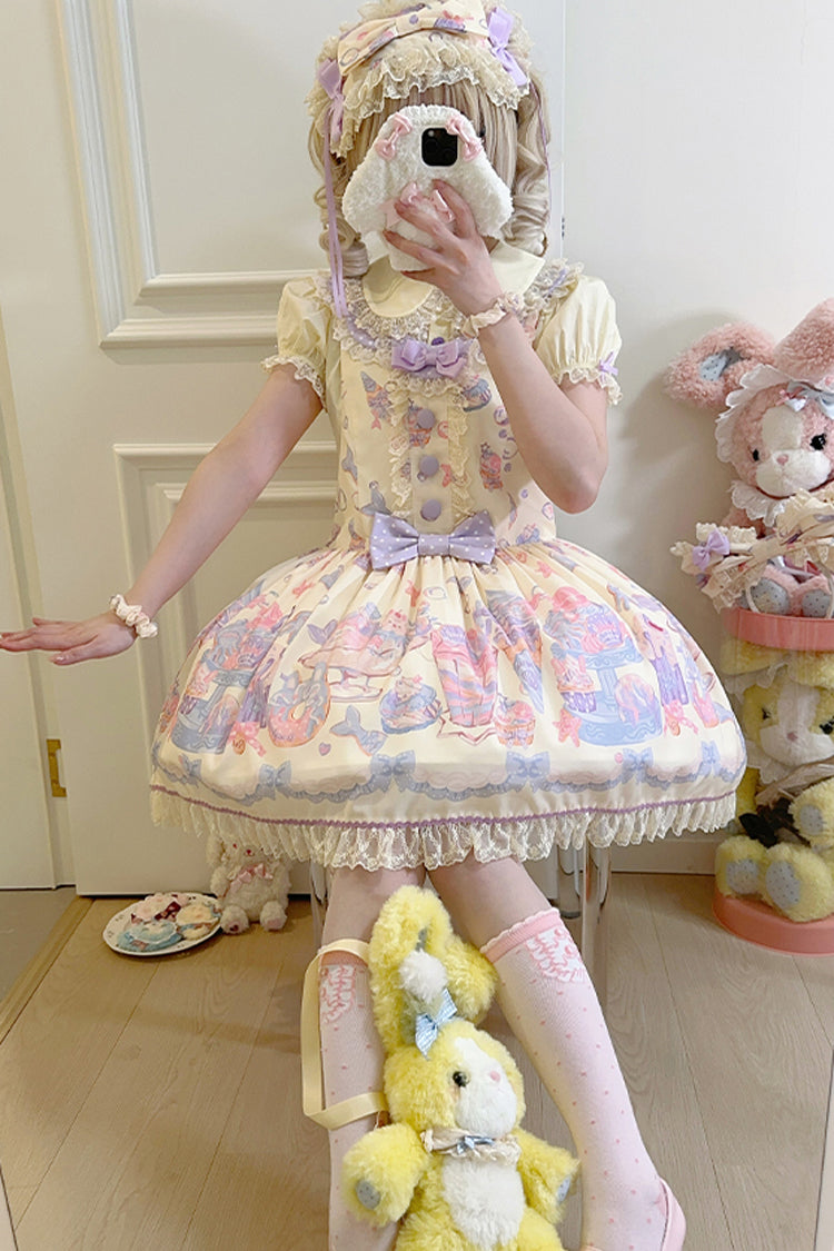 Cream Soda Mermaid Print Light Yellow Bowknot Lace Sweet Strap (Dress Only) detail view 7