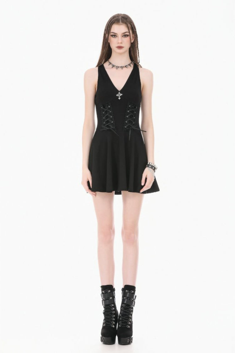 Black Cross Plunging Sleeveless Side Corset Lace-Up Women's Gothic Short Dress - Product - 11