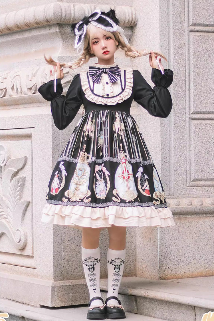 Black Easter Stand Collar Long Sleeves Print Ruffle Bowknot Sweet Plus Size Lolita Dress - Product - 2