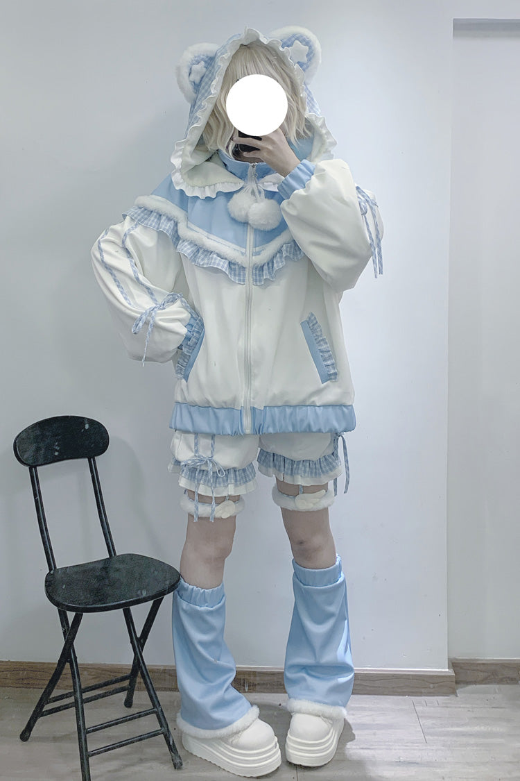 White/Blue [Sweet Star Bear] Long Sleeves Ruffle Hooded Japanese Jirai Kei Sports Coat - Product - 3