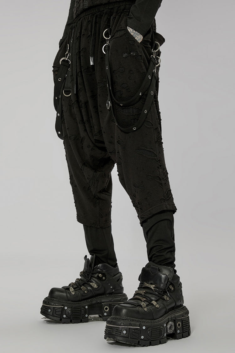 Black Ripped Men's Punk Sagging Pants with Straps - Product - 2