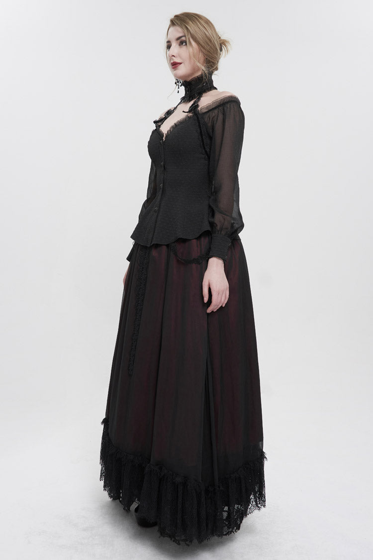 Black Long Sleeve Lace Trim Panel Woven Adjustable Back Women's Gothic T-Shirt - Product - 3