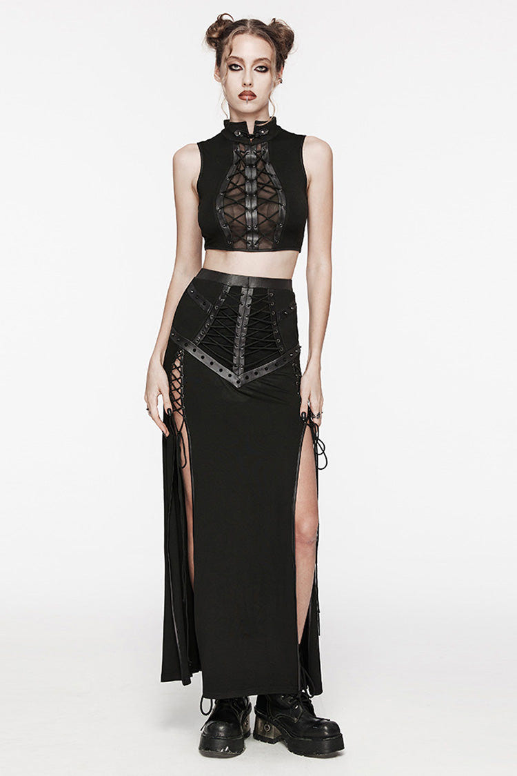 Black Stand Collar Sleeveless Stitching Lace-Up Ripped Women's Punk Tank Top - Product - 4