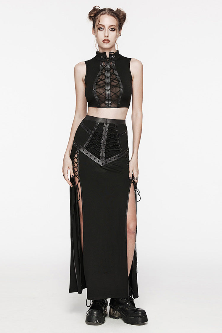 Black Stand Collar Sleeveless Stitching Lace-Up Ripped Women's Punk Tank Top - Product - 4