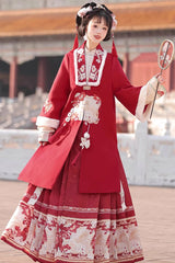 Red Classic Chinese Style V Collar Embroidery Long Sleeves Womens Hanfu Three Piece - Product - 4