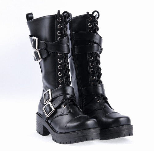 Black Stylish Patent Leather Straps Buckles Gothic Lolita Boots - Product - 2