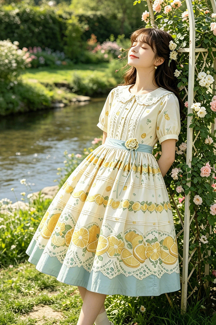 Yellow Doll Collar Short Sleeves Lemon Printed Plus Size Sweet Lolita Dress - Product - 3