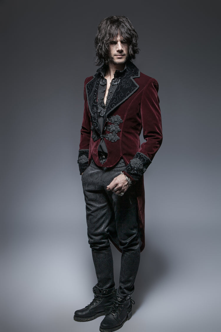 Red Embroidery Swallowtail Hem Mens Gothic Victorian Coat - Product - 2