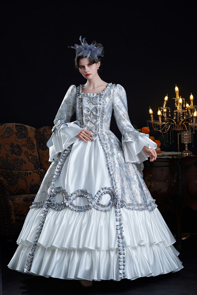 Blue Square Collar Long Trumpet Sleeves Double-Layered Ruffled Embroidered Open-Front Bow Classic Vintage Palace Lolita Victorian Dress - Product - 6