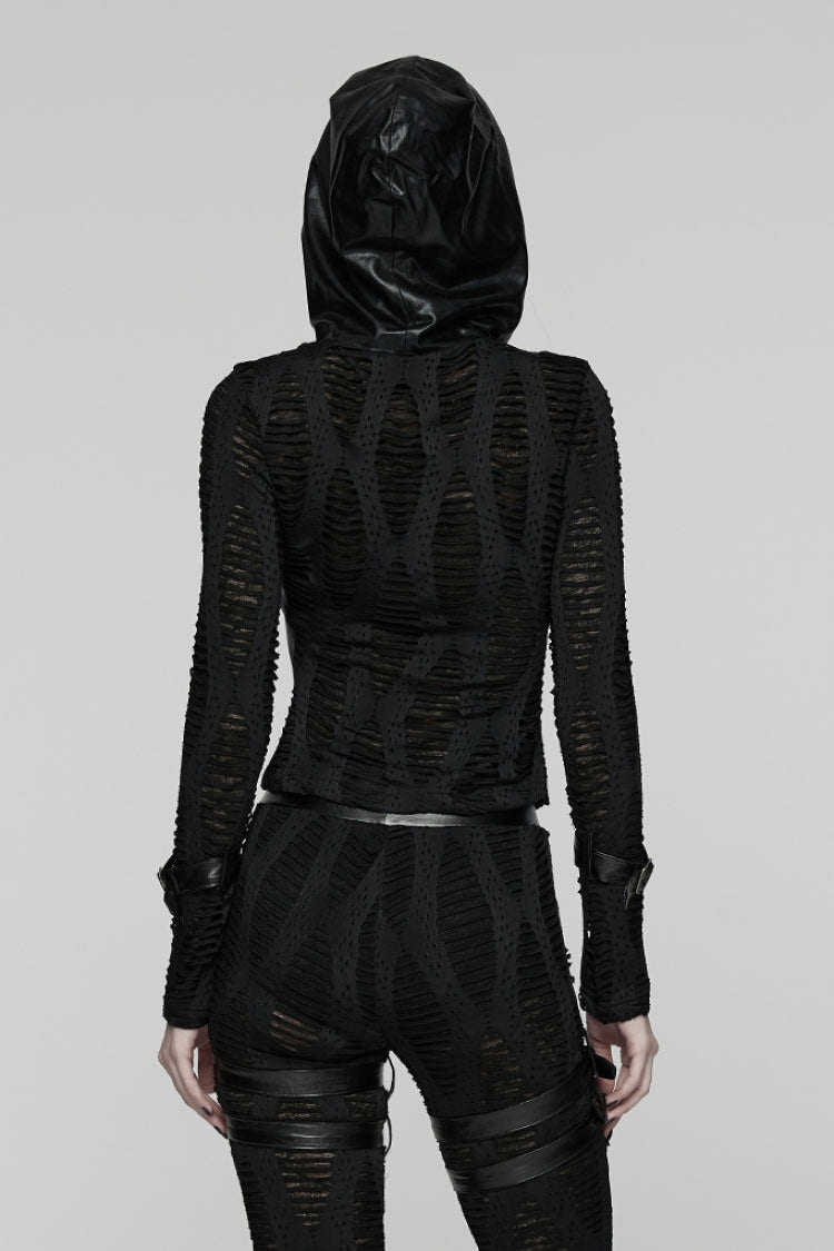 Black Long Sleeves Hooded Ripped Buckled Strappy Women's Punk T-Shirt - Product - 3