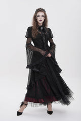 Black Stand Collar Long Trumpet Beaded Sleeves Cut-Out Bow Lace Women's Gothic Blouse - Product - 4