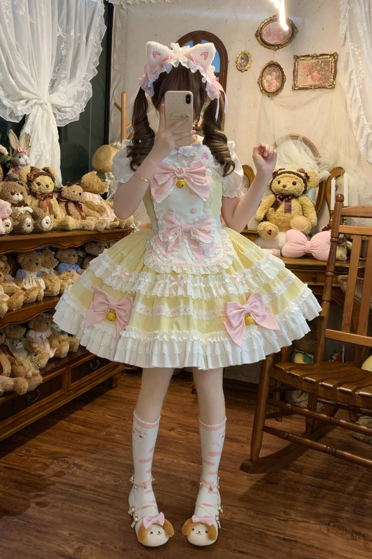 Yellow [Meowling Sweet Maid] Sleeveless Multi-Layered Ruffle Bowknot Lace Sweet Princess Lolita Jsk Dress - Product - 4
