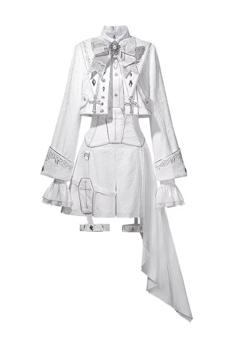 White [Silver-White Sacred Pact] Bow Asymmetric Gothic Prince Palace Ouji Lolita Shorts Coat Four-Piece Set - Product - 3