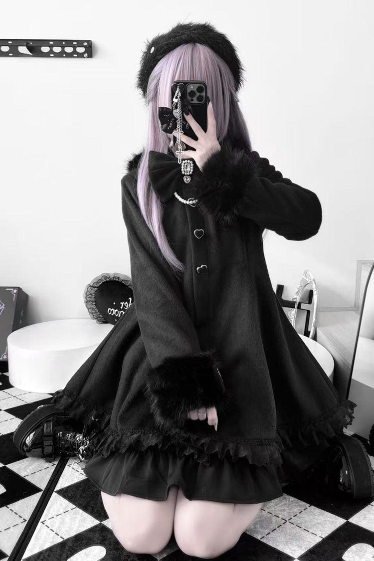 Black Long Sleeves Bowknot Rabbit Ears Detachable Hooded Japanese Jirai Kei Coat - Product - 7