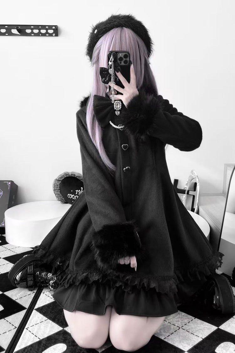 Black Long Sleeves Bowknot Rabbit Ears Detachable Hooded Japanese Jirai Kei Coat - Product - 7