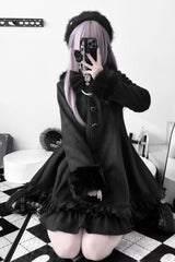 Black Long Sleeves Bowknot Rabbit Ears Detachable Hooded Japanese Jirai Kei Coat - Product - 7