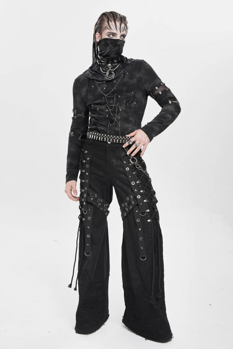Black Spliced Lace-Up Mesh Ripped Men's Punk Baggy Pants - Product - 5