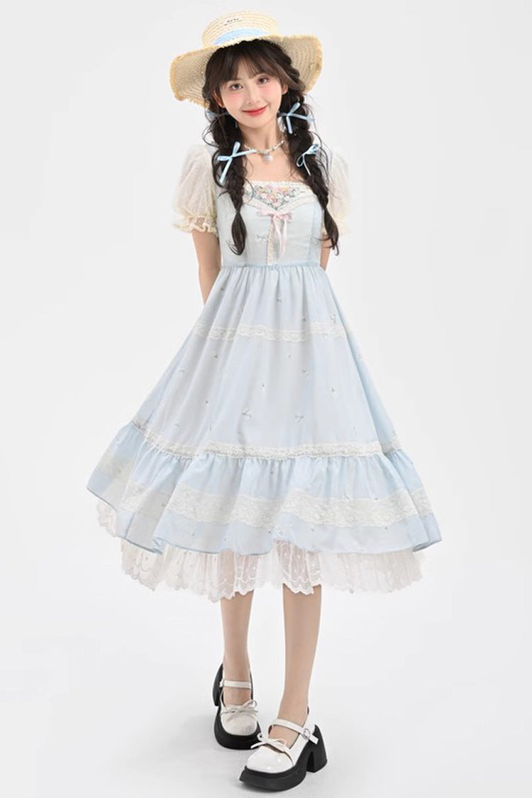 Blue Short Sleeves Embroidery Bowknot Lace Sweet Princess Lolita Dress - Blue - 1