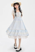Blue Short Sleeves Embroidery Bowknot Lace Sweet Princess (Dress Only) front view