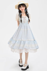 Blue Short Sleeves Embroidery Bowknot Lace Sweet Princess (Dress Only) front view