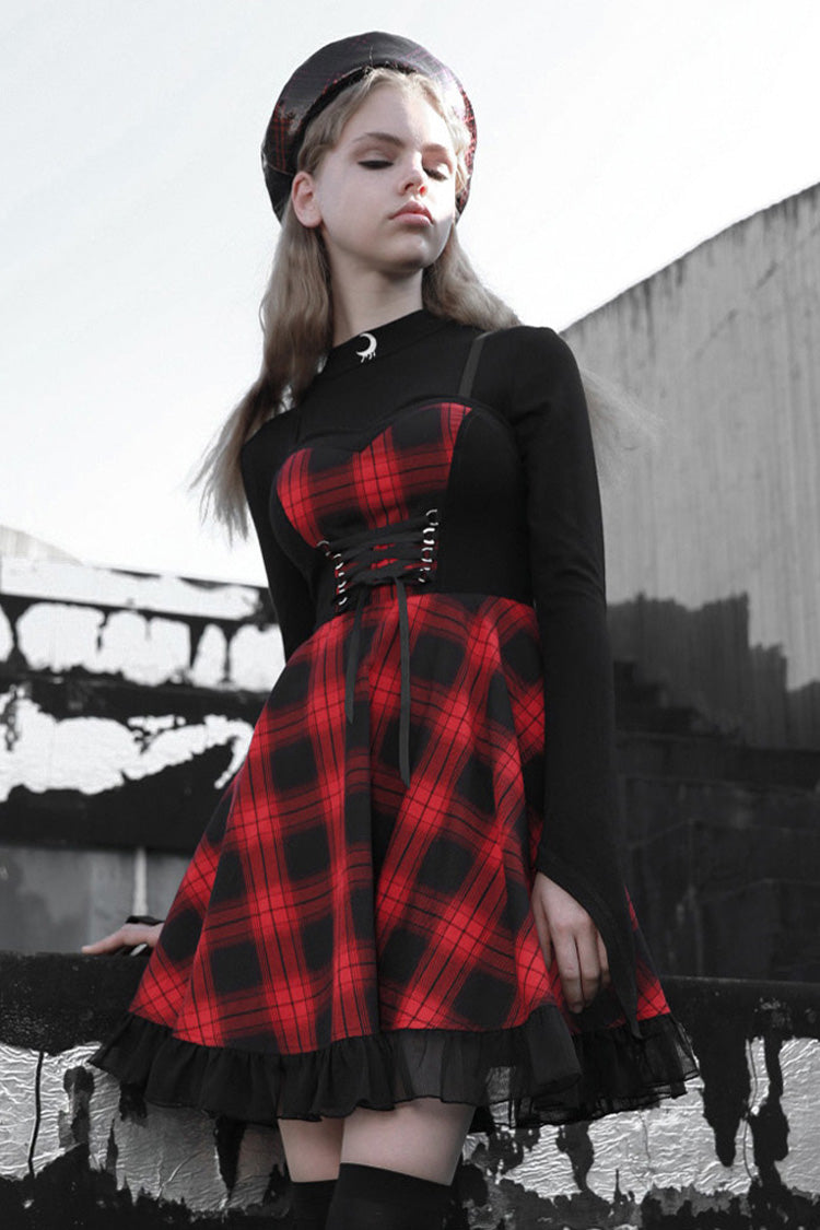 Lattice Plaid Stitching Binding Women's Steam Punk Strap Dress - Product - 3