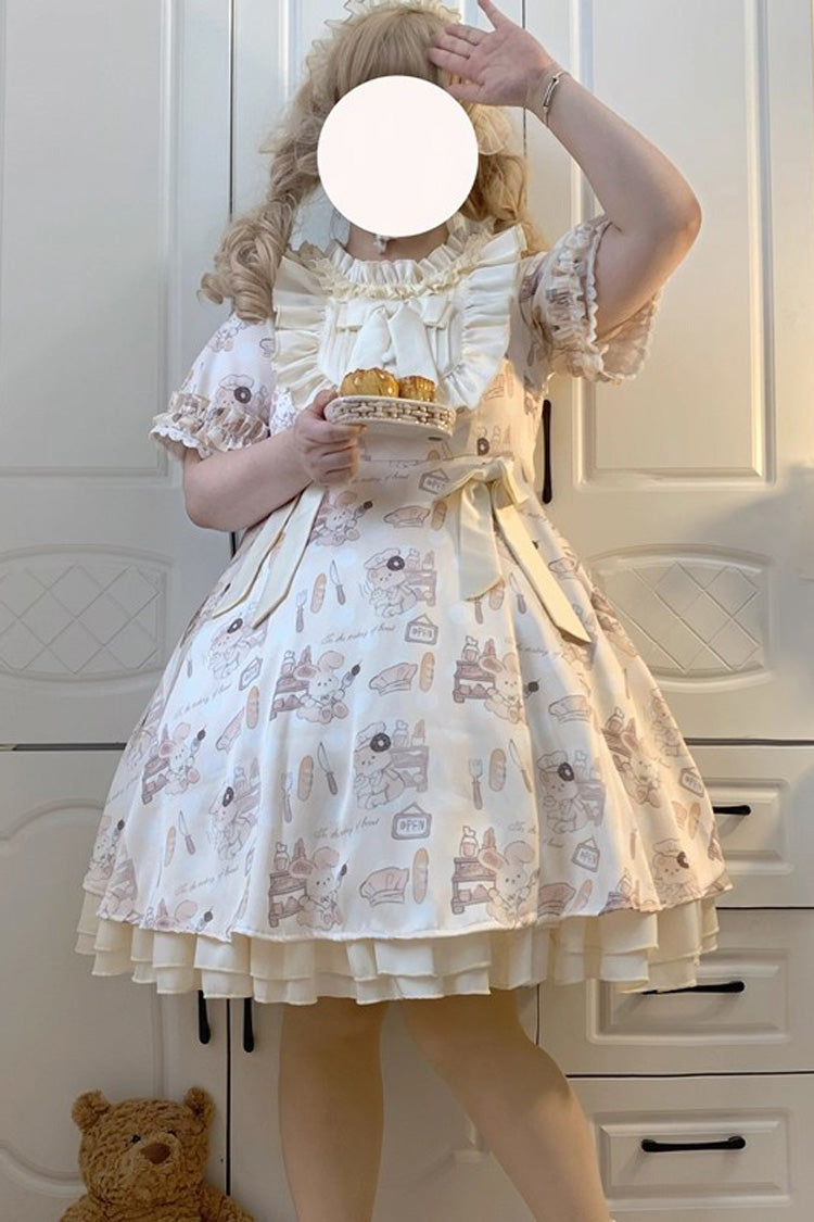 Ivory Short Puff Sleeves Print Ruffle Bowknot Plus Size Princess Lolita Dress - Ivory - 1