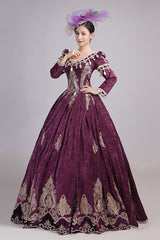Long Sleeves High Waisted Hollow Embroidery Print Victorian Lolita Prom Dress - Wine - 6