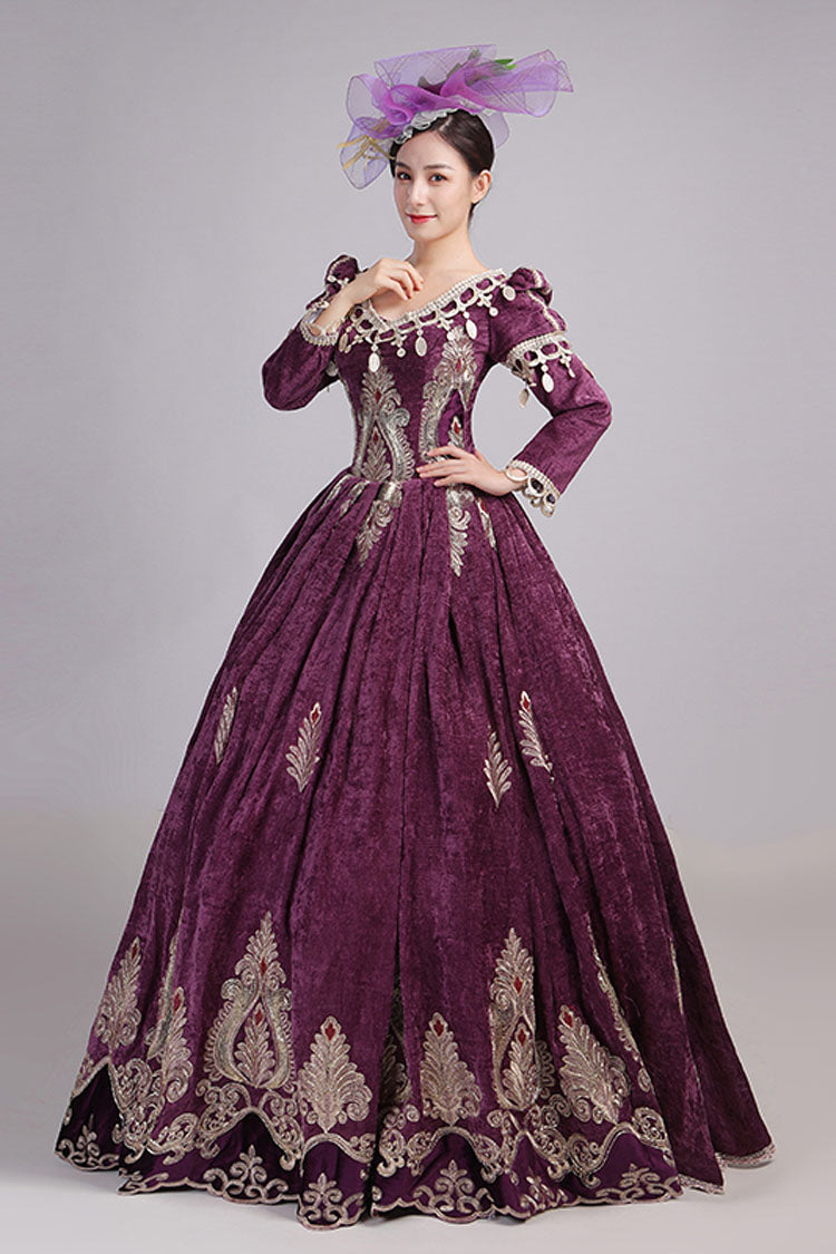 Long Sleeves High Waisted Hollow Embroidery Print Victorian Lolita Prom Dress - Wine - 6