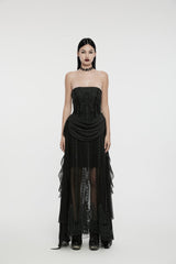 Black Off Shoulder Sleeveless Spliced Lace-Up Slim Pleated Women's Gothic Corset  Chiffon Strapless Dress - Product - 2