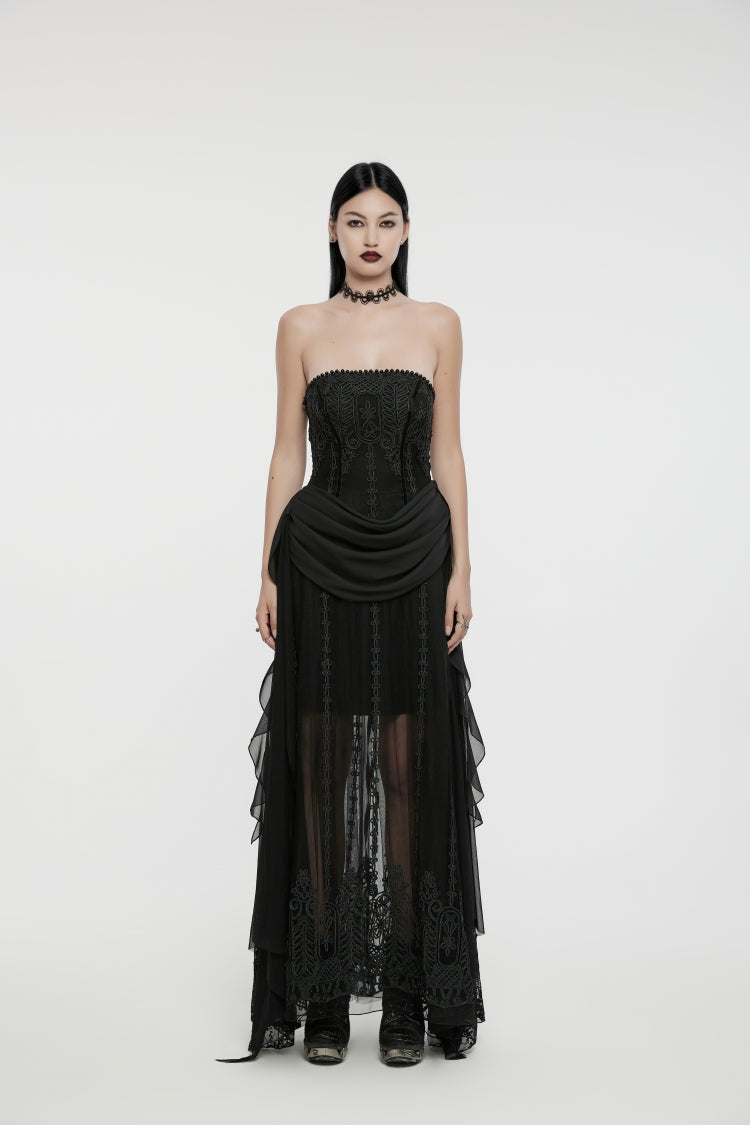 Black Off Shoulder Sleeveless Spliced Lace-Up Slim Pleated Women's Gothic Corset  Chiffon Strapless Dress - Product - 2
