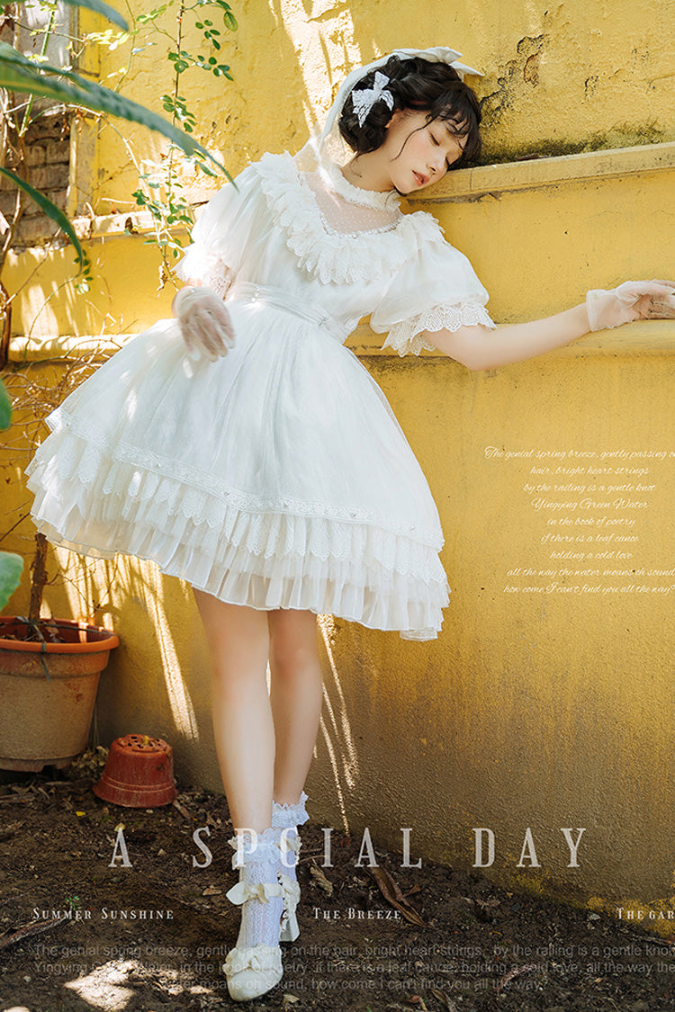 White Multi-Layered Ruffle Hanayome Hollow Bowknot Lace Sweet Vintage Gorgeous Lolita Dress - Product - 8