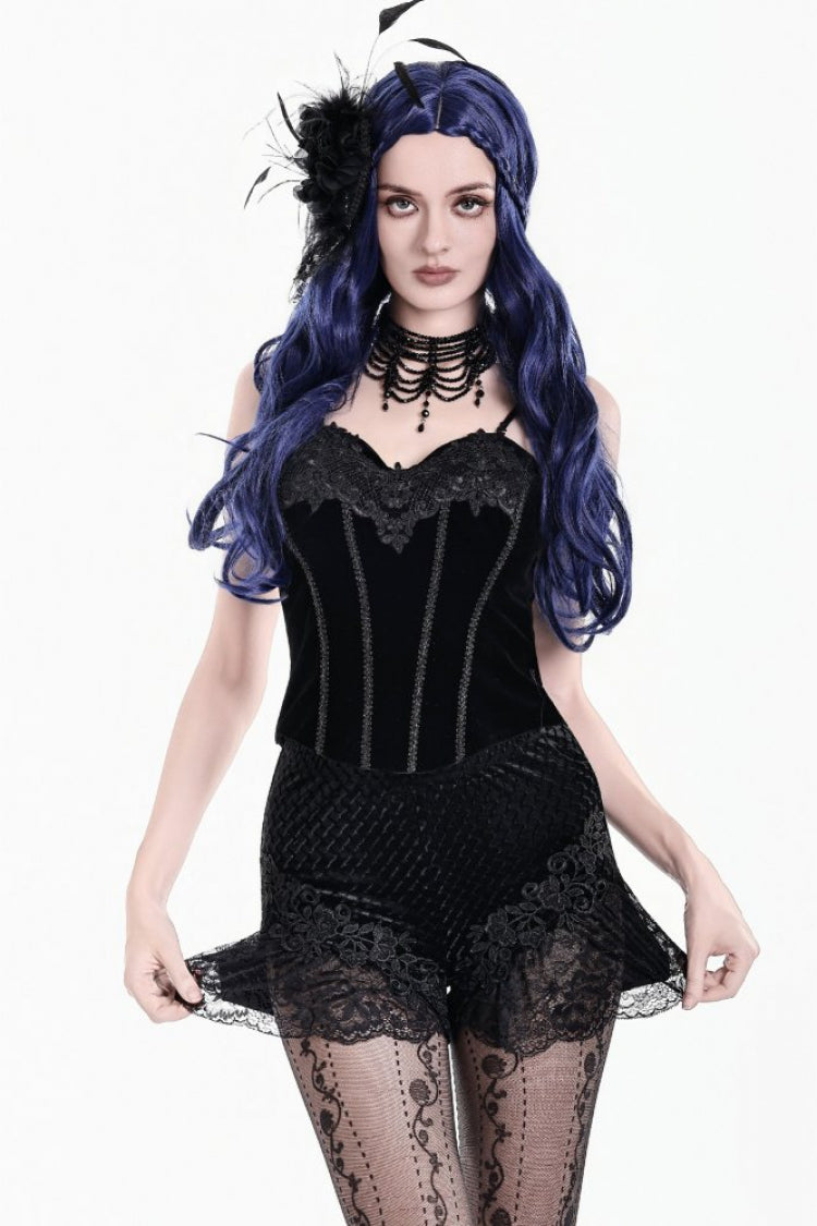 Black Women's Gothic Floral Embossed Velvet Shorts with Sheer Lace Trim - Black - 1