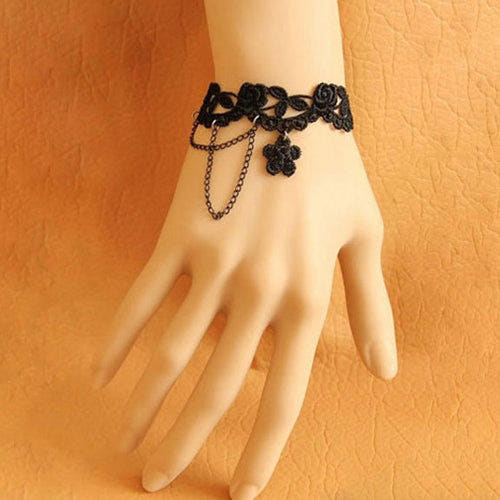 Black Retro Fashion Personality Lace Rose Gothic Lolita Chain Bracelet - Black - 1