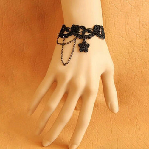 Black Retro Fashion Personality Lace Rose Gothic Lolita Chain Bracelet - Black - 1