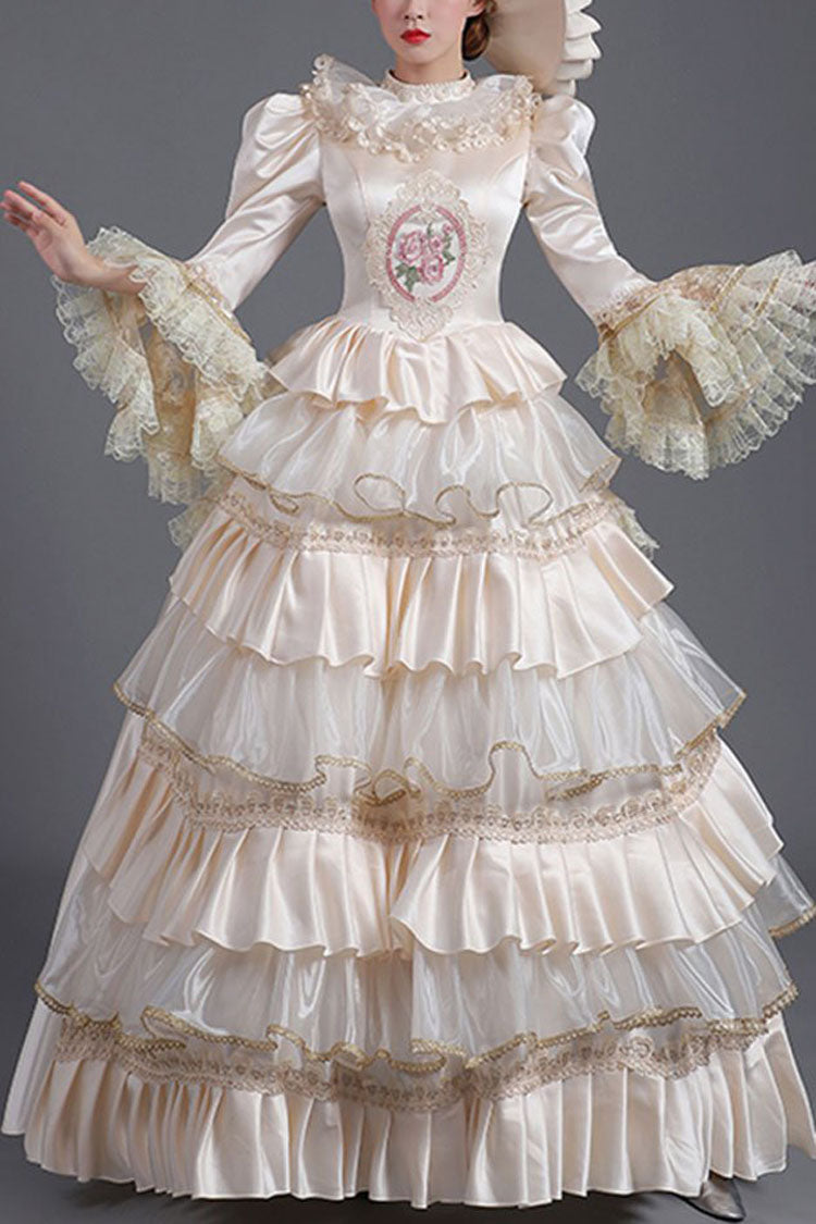 Champagne Hime Sleeves High Waisted Ruffled Multi-Layer Victorian Lolita Prom Tiered Dress - Champagne - 1